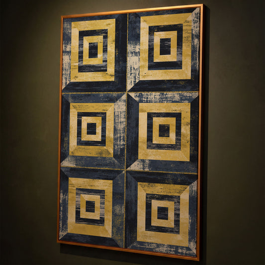 Nested Squares Grid Canvas Art. Abstract Geometric Portrait Print shown in antique gold floating frame