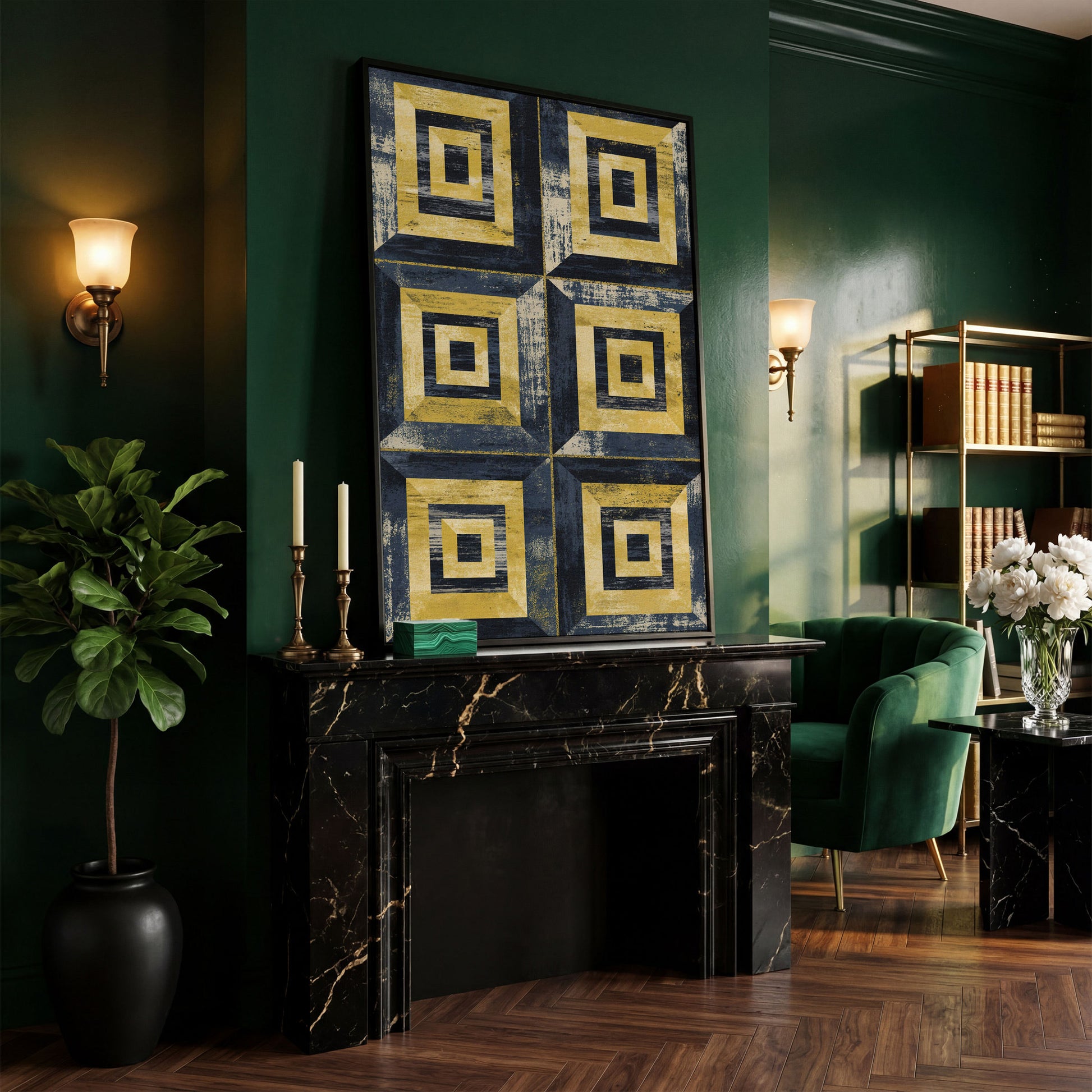 Nested Squares Grid Canvas Art. Abstract Geometric Portrait Print in black floating frame