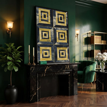Nested Squares Grid Canvas Art. Abstract Geometric Portrait Print in black floating frame