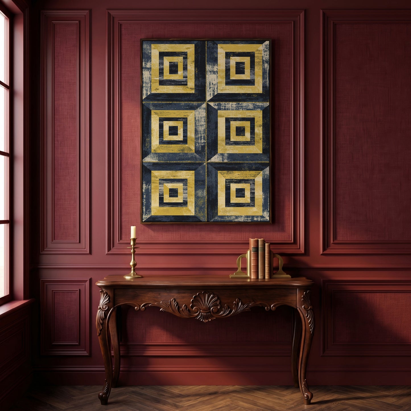 Nested Squares Grid Canvas Art. Abstract Geometric Portrait Print in dark walnut floating frame