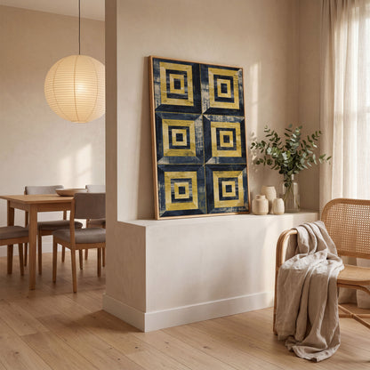 Nested Squares Grid Canvas Art. Abstract Geometric Portrait Print in white oak floating frame
