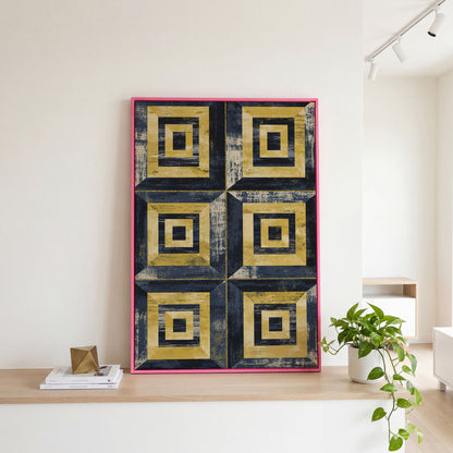 Nested Squares Grid Canvas Art. Abstract Geometric Portrait Print in pink floating frame