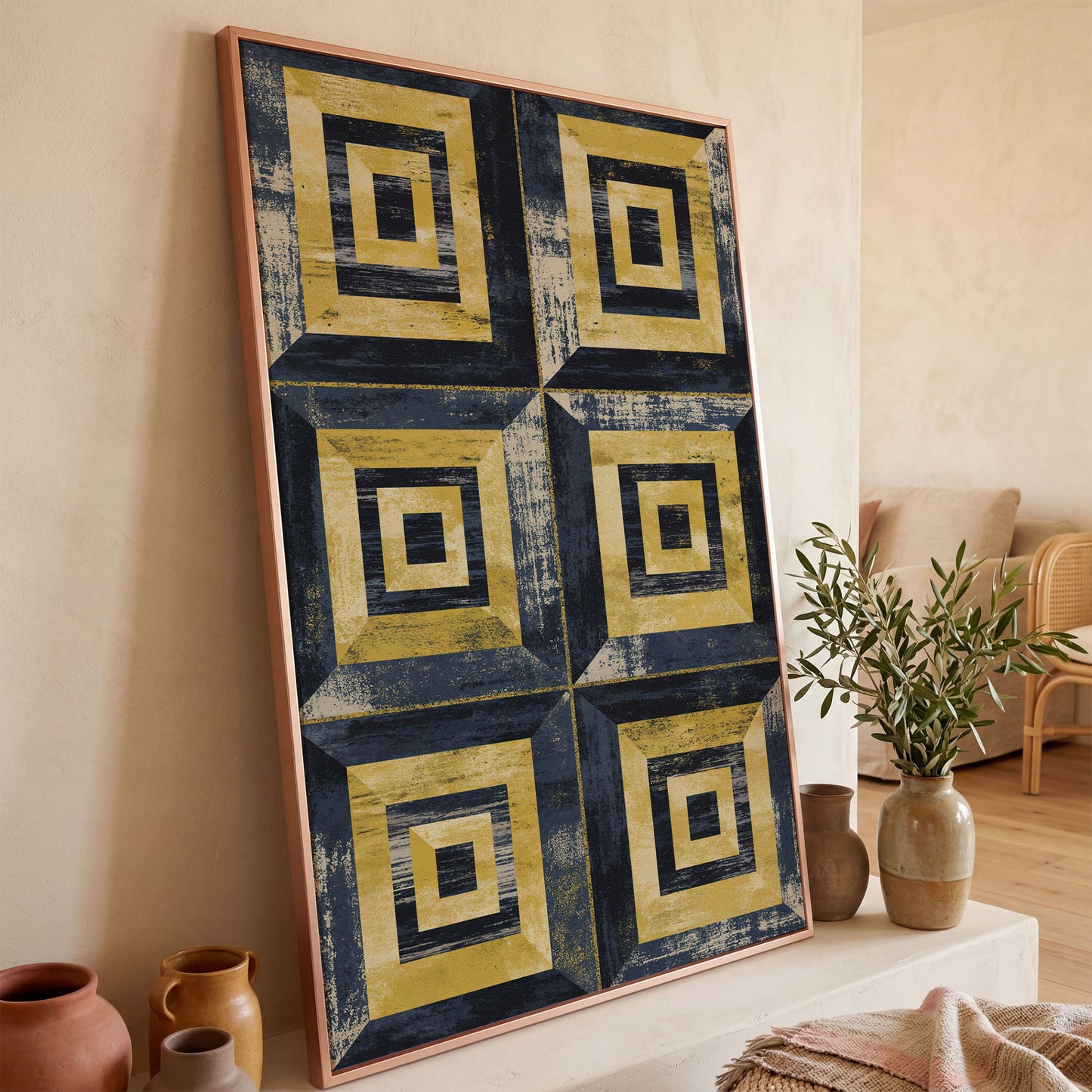 Nested Squares Grid Canvas Art. Abstract Geometric Portrait Print in rose gold floating frame