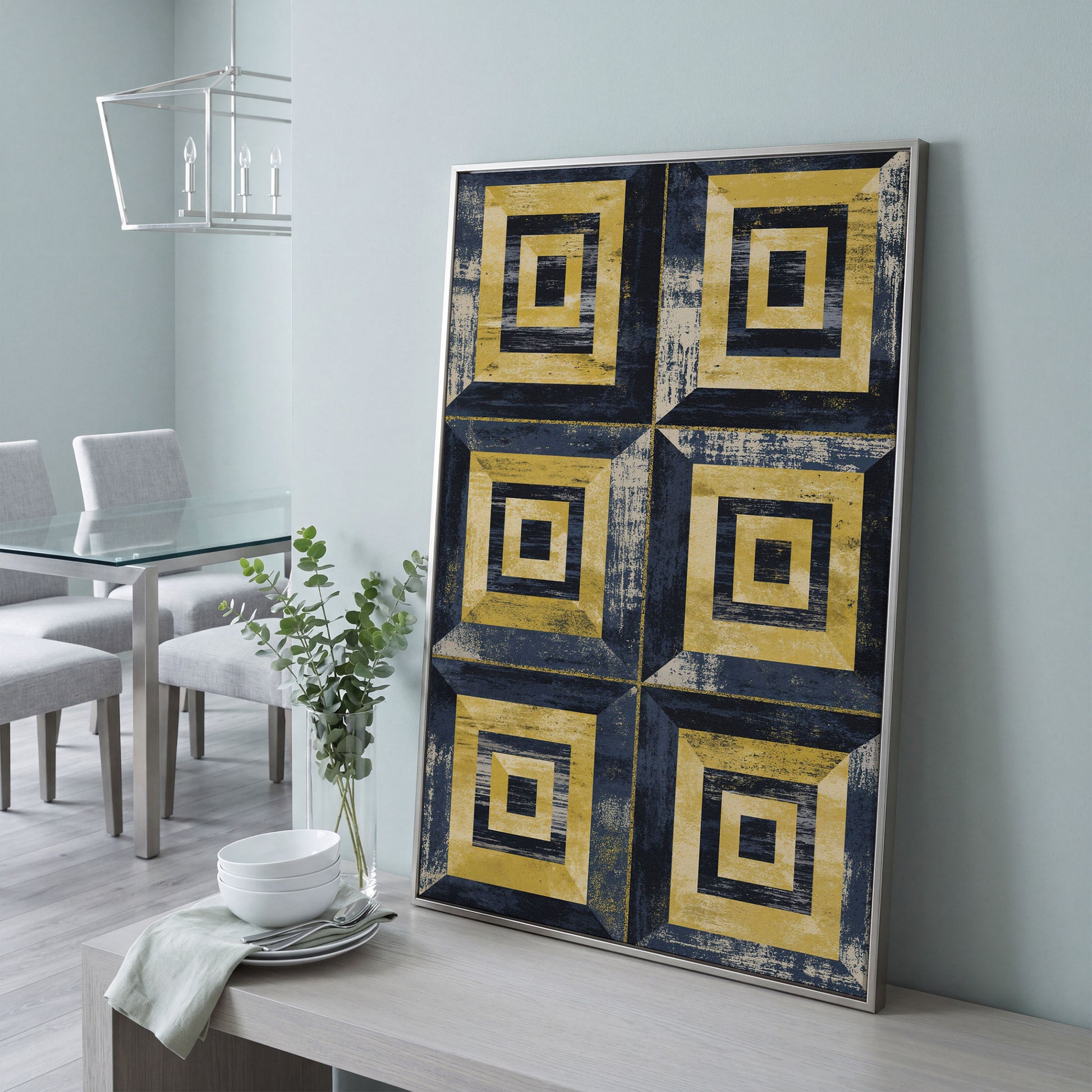 Nested Squares Grid Canvas Art. Abstract Geometric Portrait Print in silver floating frame