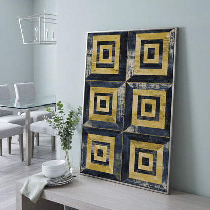 Nested Squares Grid Canvas Art. Abstract Geometric Portrait Print in silver floating frame