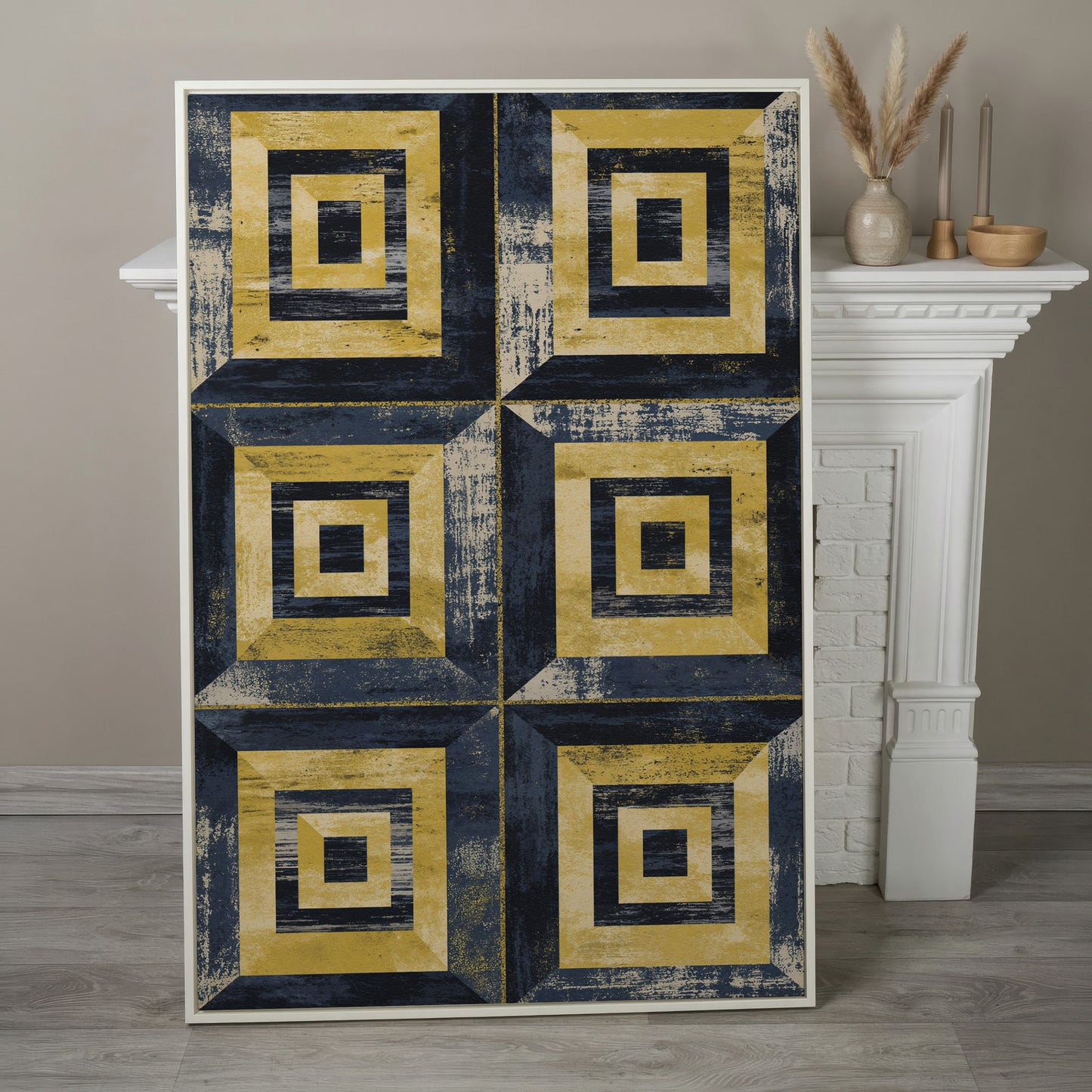 Nested Squares Grid Canvas Art. Abstract Geometric Portrait Print in white floating frame