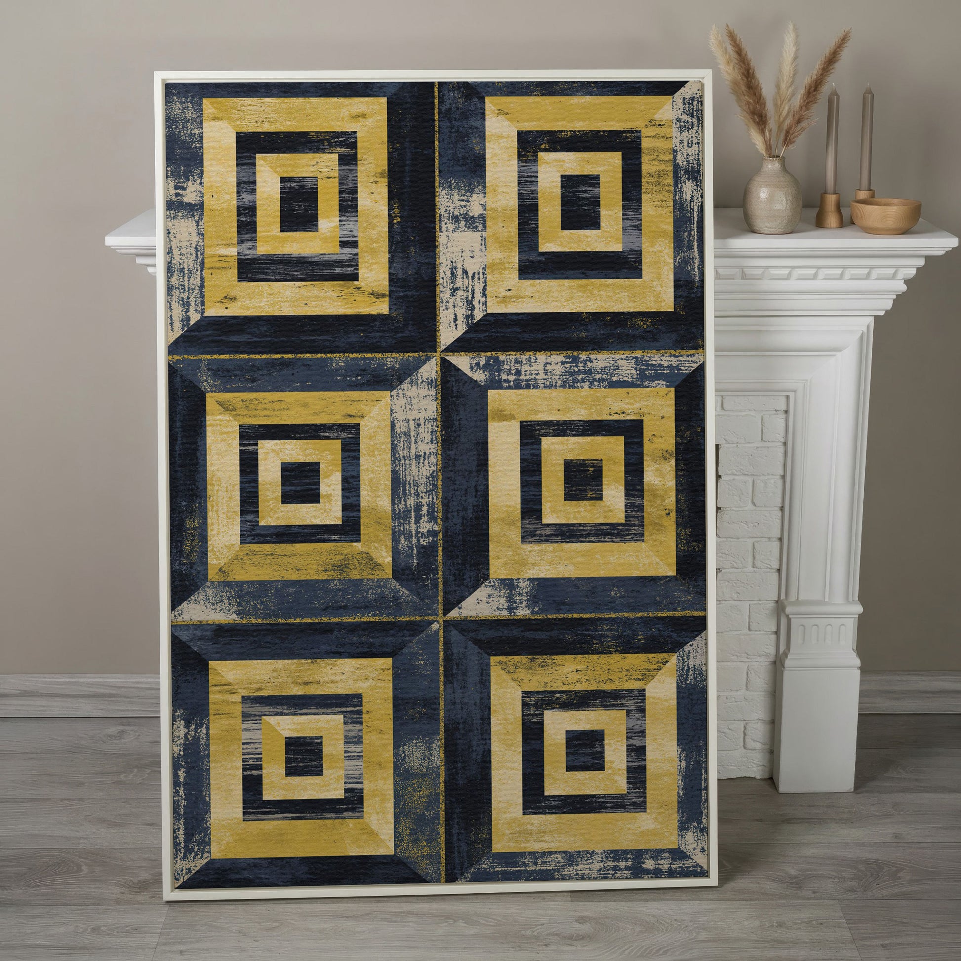 Nested Squares Grid Canvas Art. Abstract Geometric Portrait Print in white floating frame