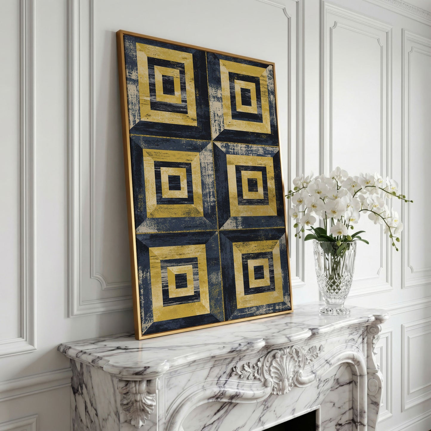 Nested Squares Grid Canvas Art. Abstract Geometric Portrait Print in yellow gold floating frame