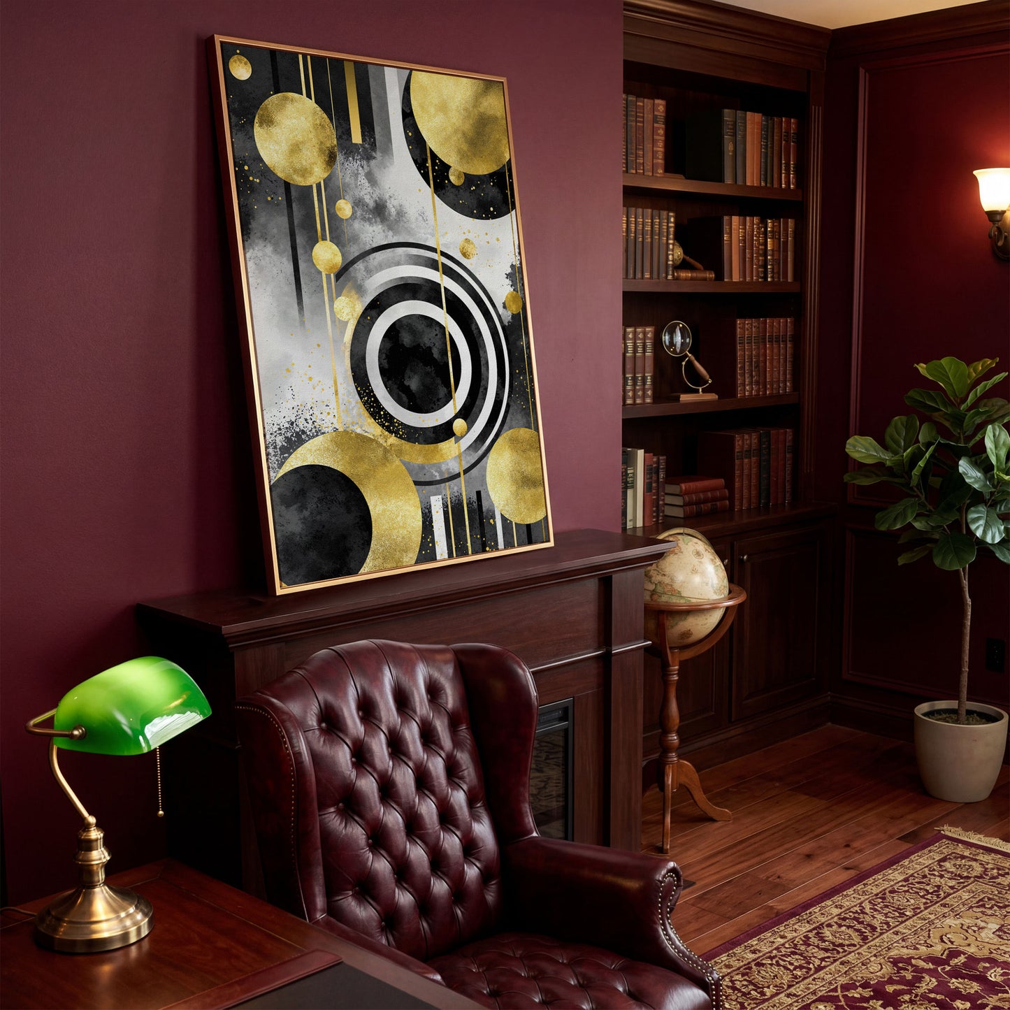 Abstract Geometric Circles and Lines Canvas Wall Art in antique gold floating frame