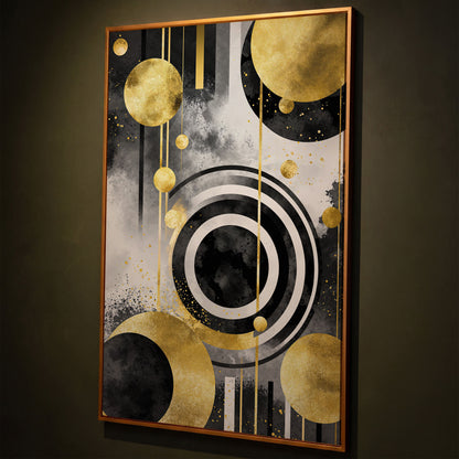 Abstract Geometric Circles and Lines Canvas Wall Art shown in antique gold floating frame