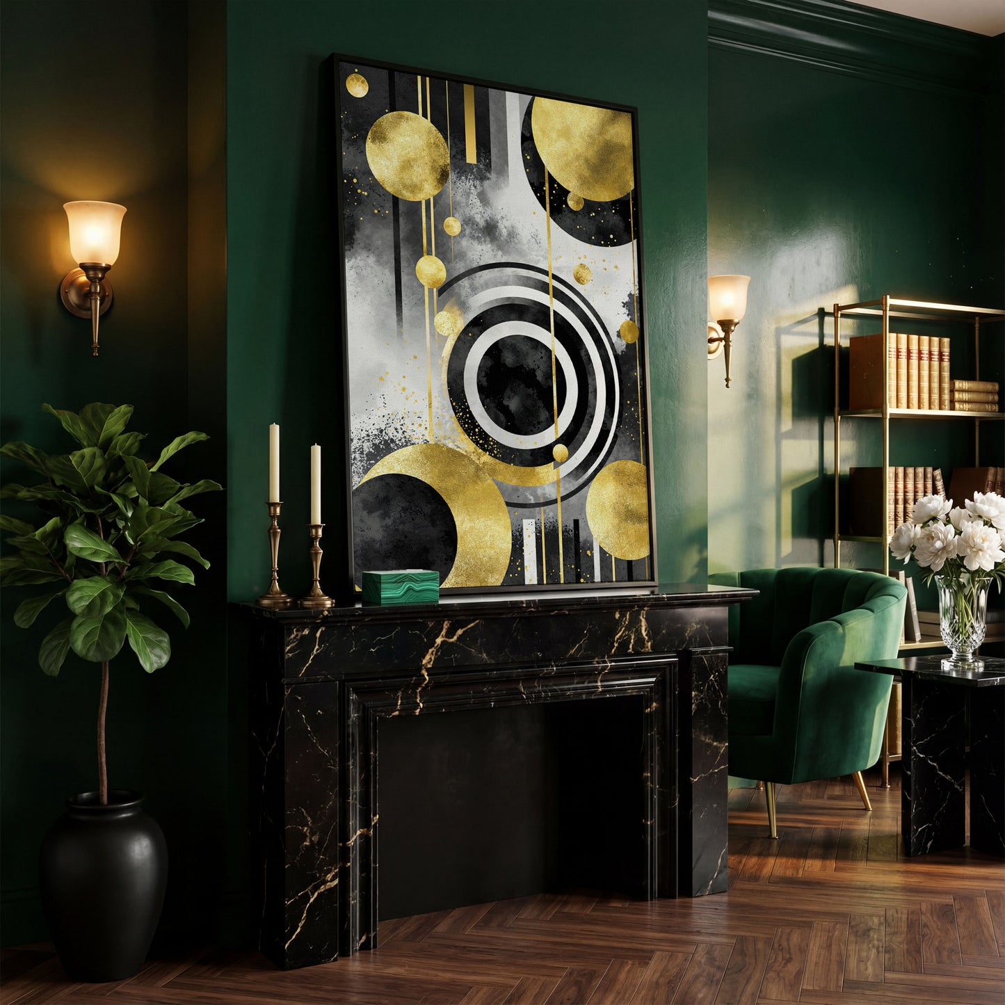 Abstract Geometric Circles and Lines Canvas Wall Art in black floating frame