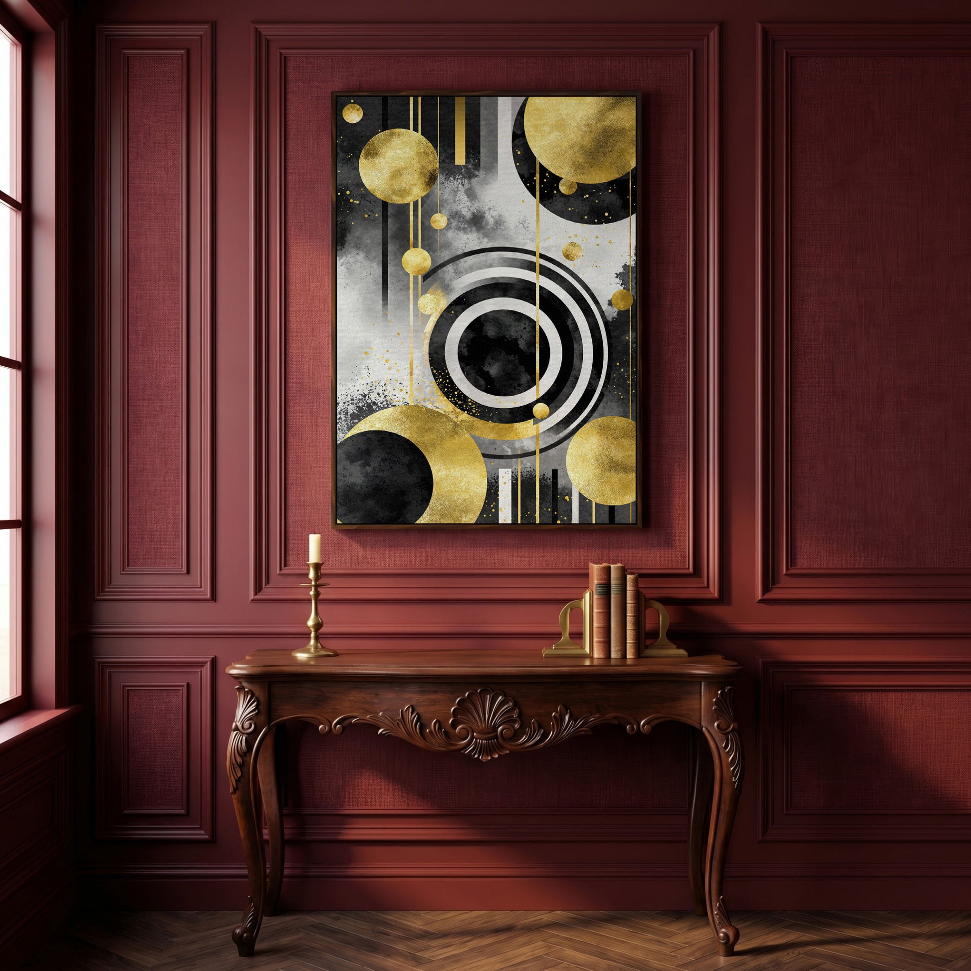 Abstract Geometric Circles and Lines Canvas Wall Art in dark walnut floating frame