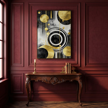 Abstract Geometric Circles and Lines Canvas Wall Art in dark walnut floating frame