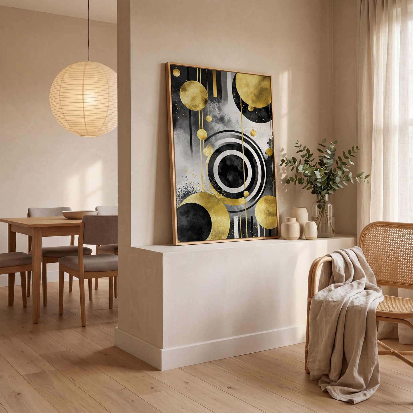 Abstract Geometric Circles and Lines Canvas Wall Art in white oak floating frame