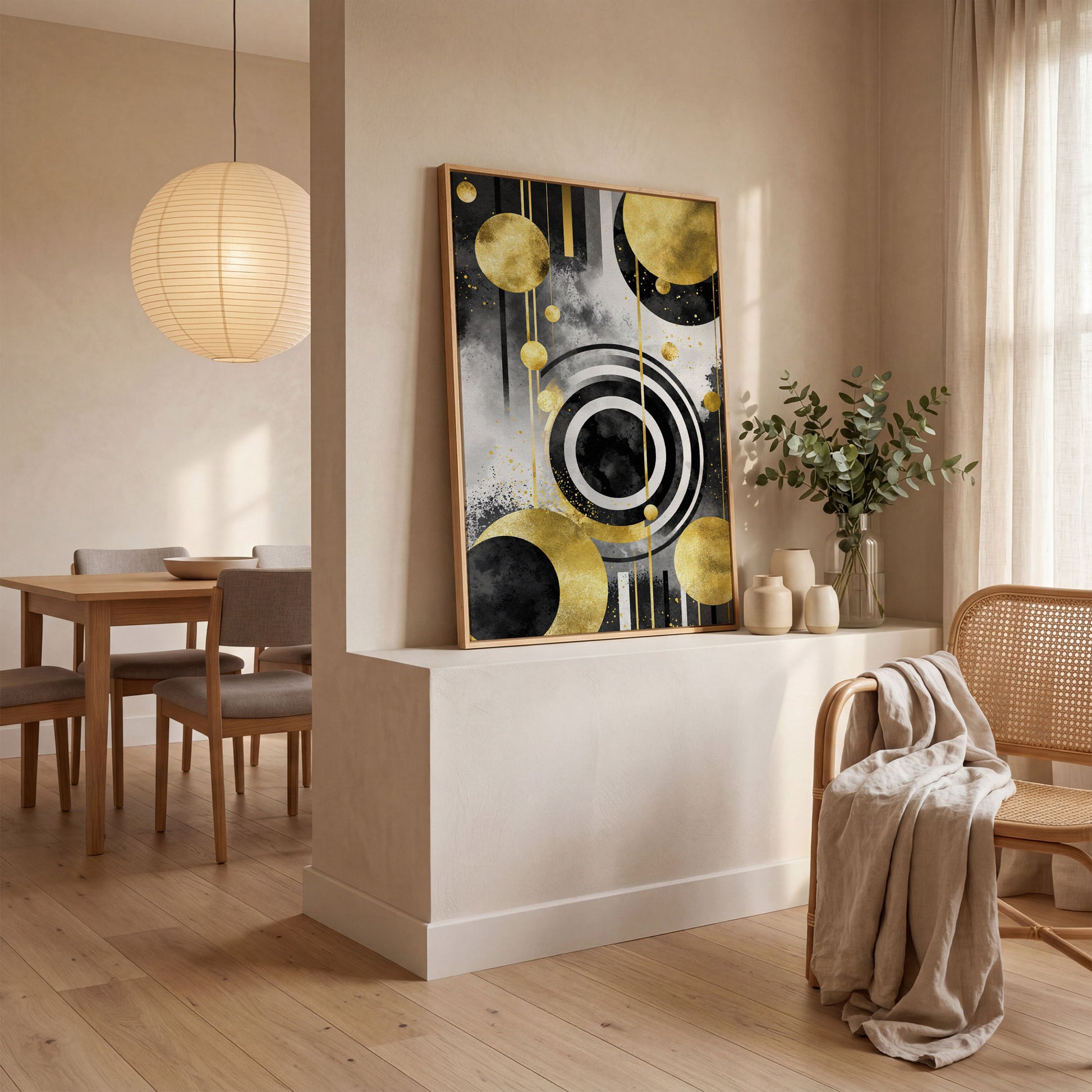 Abstract Geometric Circles and Lines Canvas Wall Art in white oak floating frame