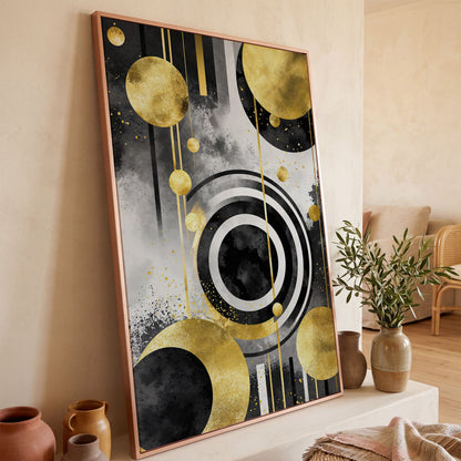 Abstract Geometric Circles and Lines Canvas Wall Art in rose gold floating frame