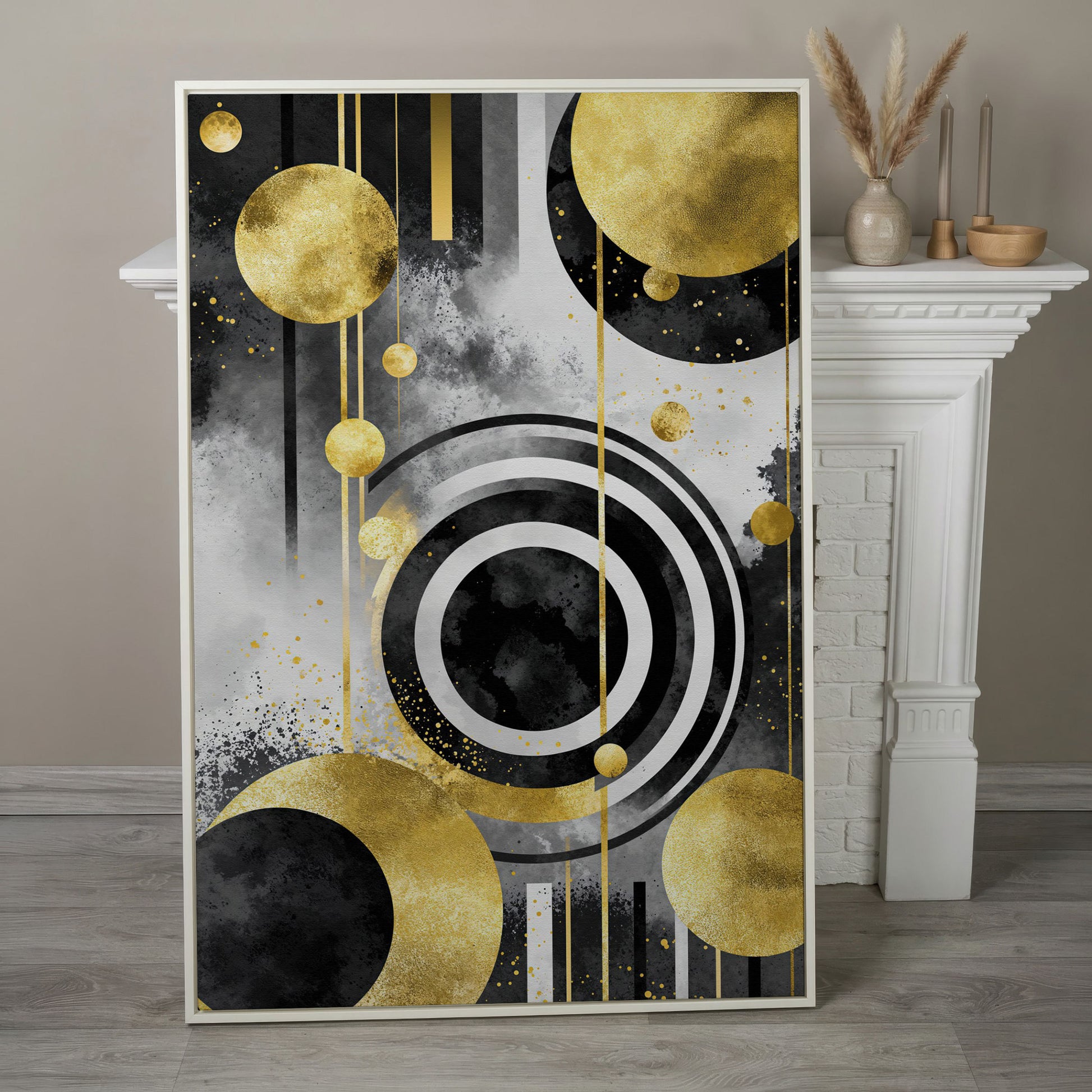 Abstract Geometric Circles and Lines Canvas Wall Art in white floating frame