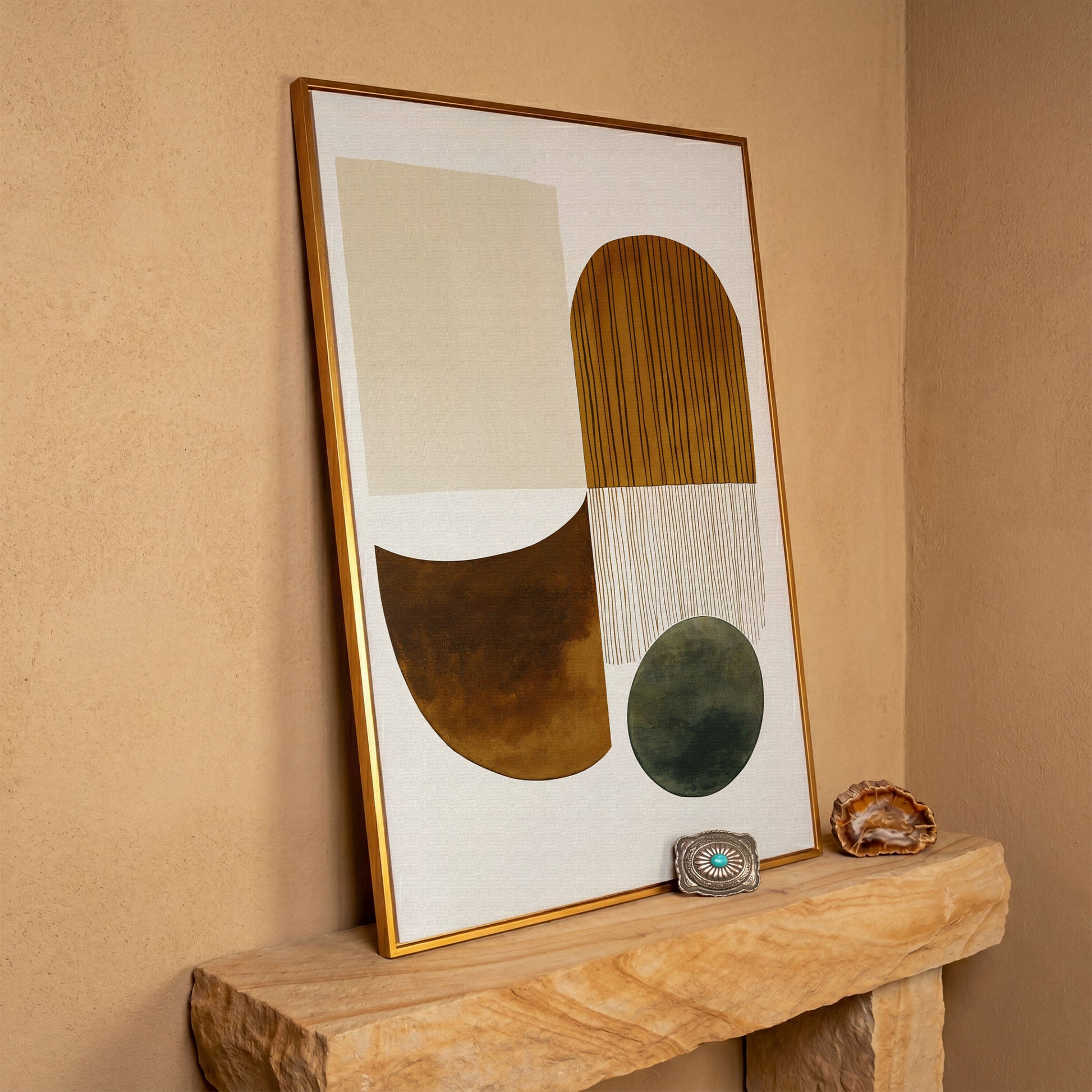 Abstract Geometric Shapes Canvas Wall Art, Portrait Print in antique gold floating frame