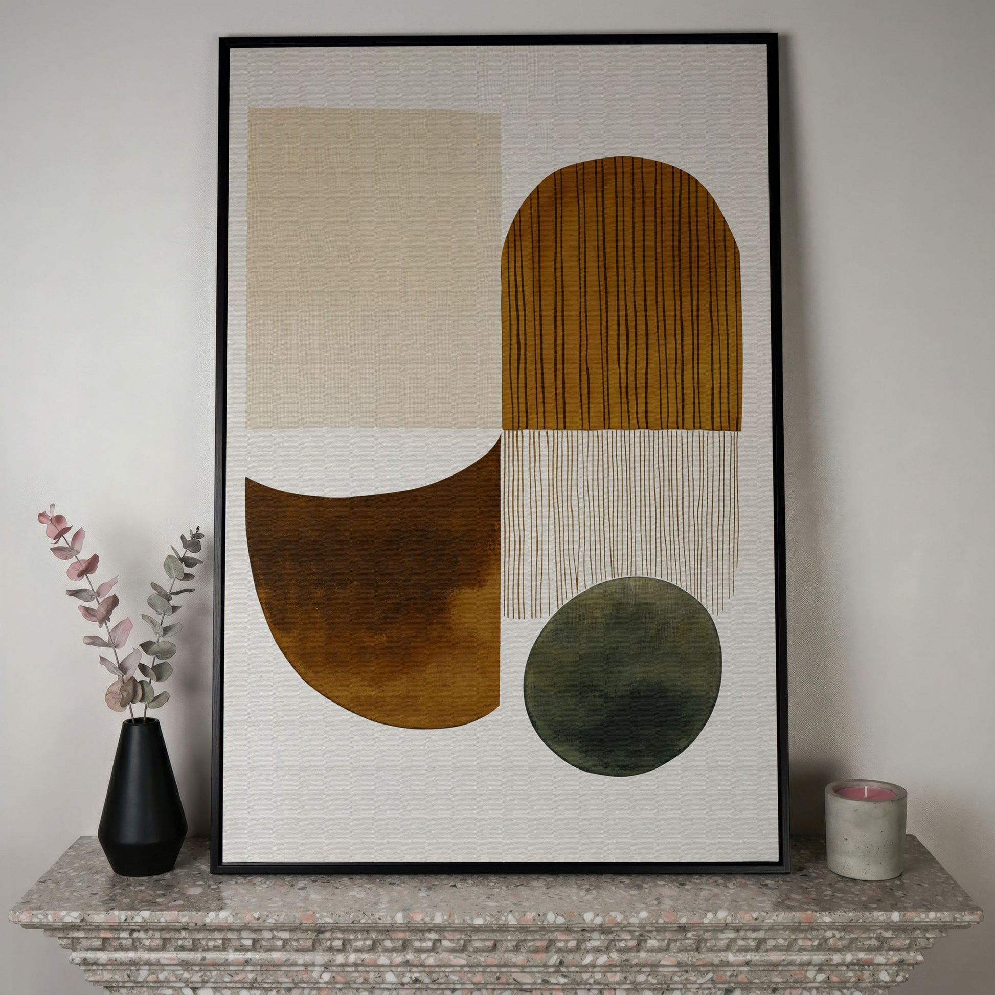 Abstract Geometric Shapes Canvas Wall Art, Portrait Print in black floating frame