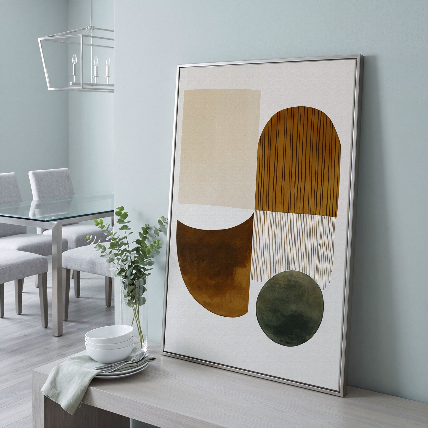 Abstract Geometric Shapes Canvas Wall Art, Portrait Print in silver floating frame