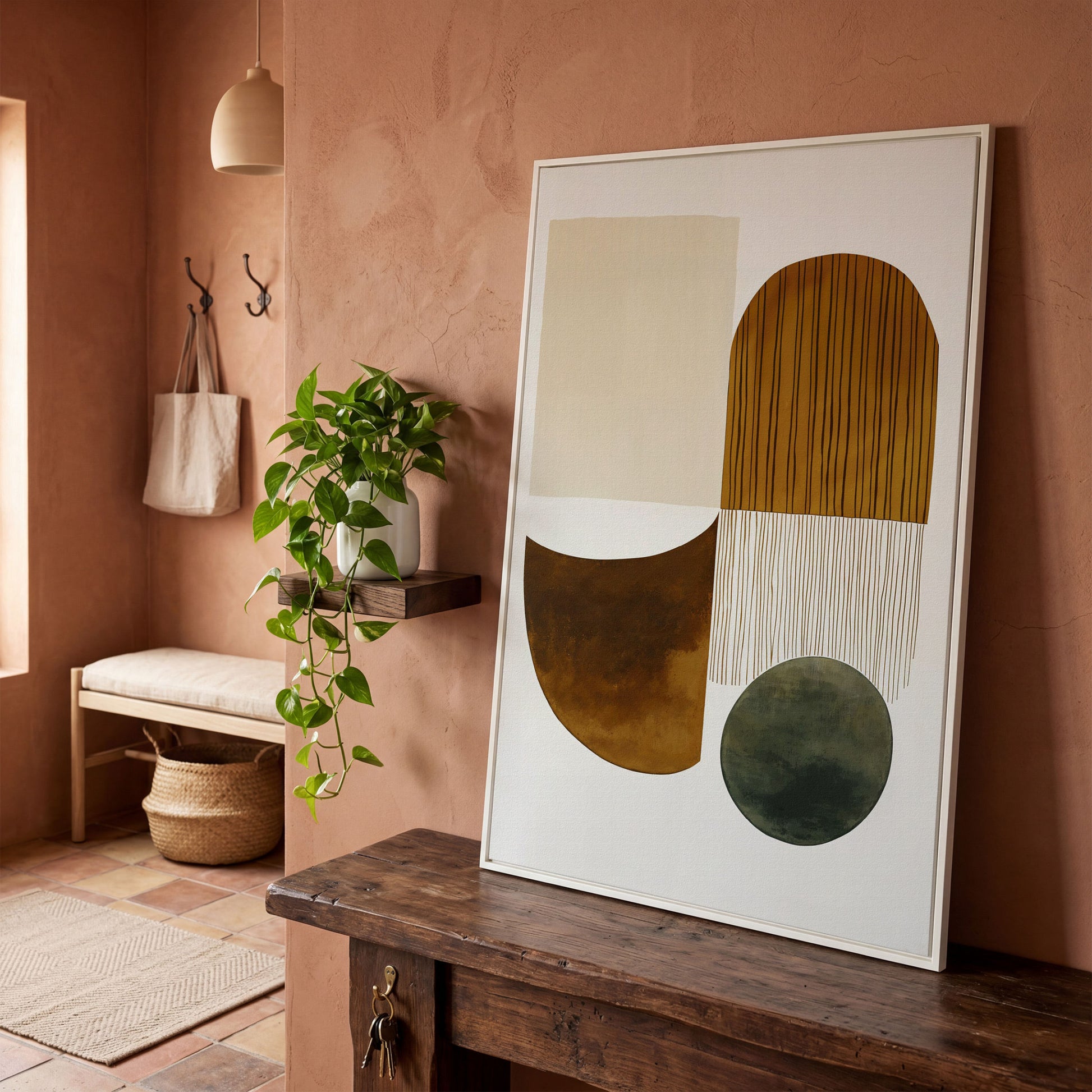 Abstract Geometric Shapes Canvas Wall Art, Portrait Print in white floating frame