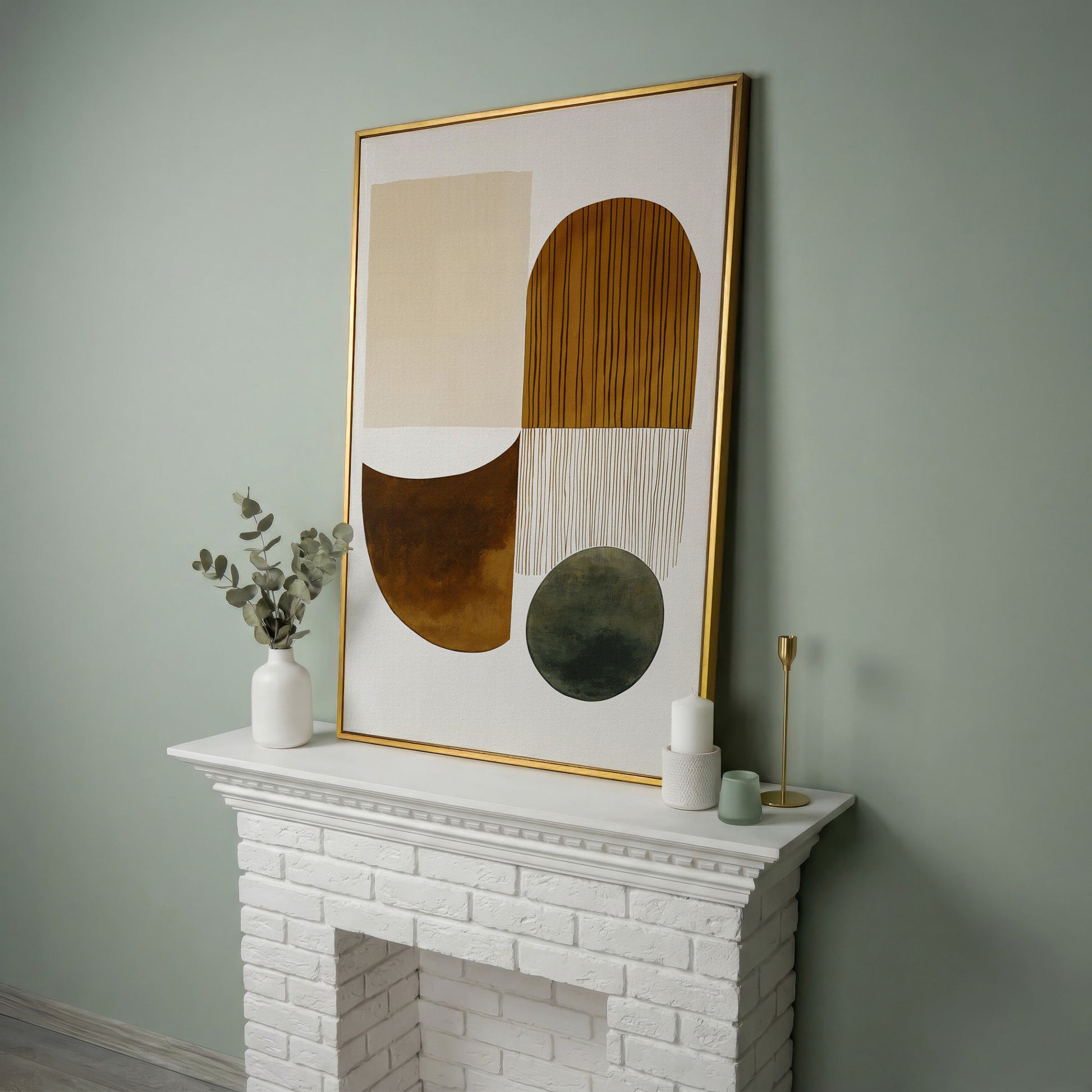 Abstract Geometric Shapes Canvas Wall Art, Portrait Print in yellow gold floating frame