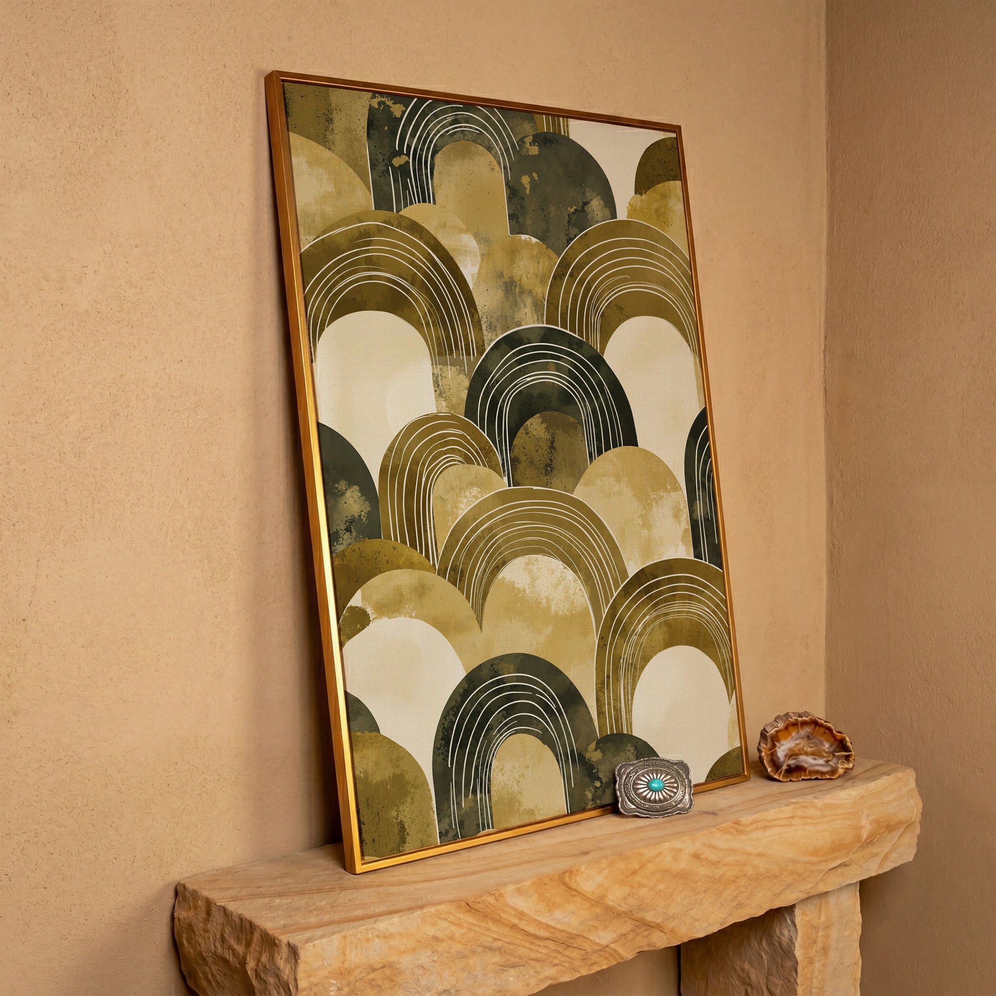 Abstract Arch Canvas Art, Overlapping Semi-Circle Shapes in Soft Layers in antique gold floating frame
