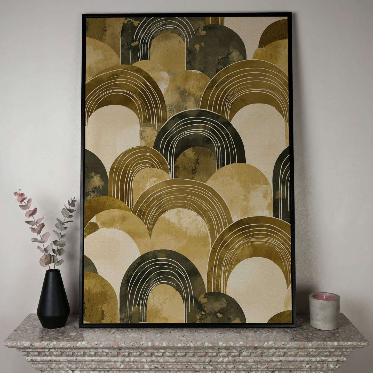 Abstract Arch Canvas Art, Overlapping Semi-Circle Shapes in Soft Layers in black floating frame