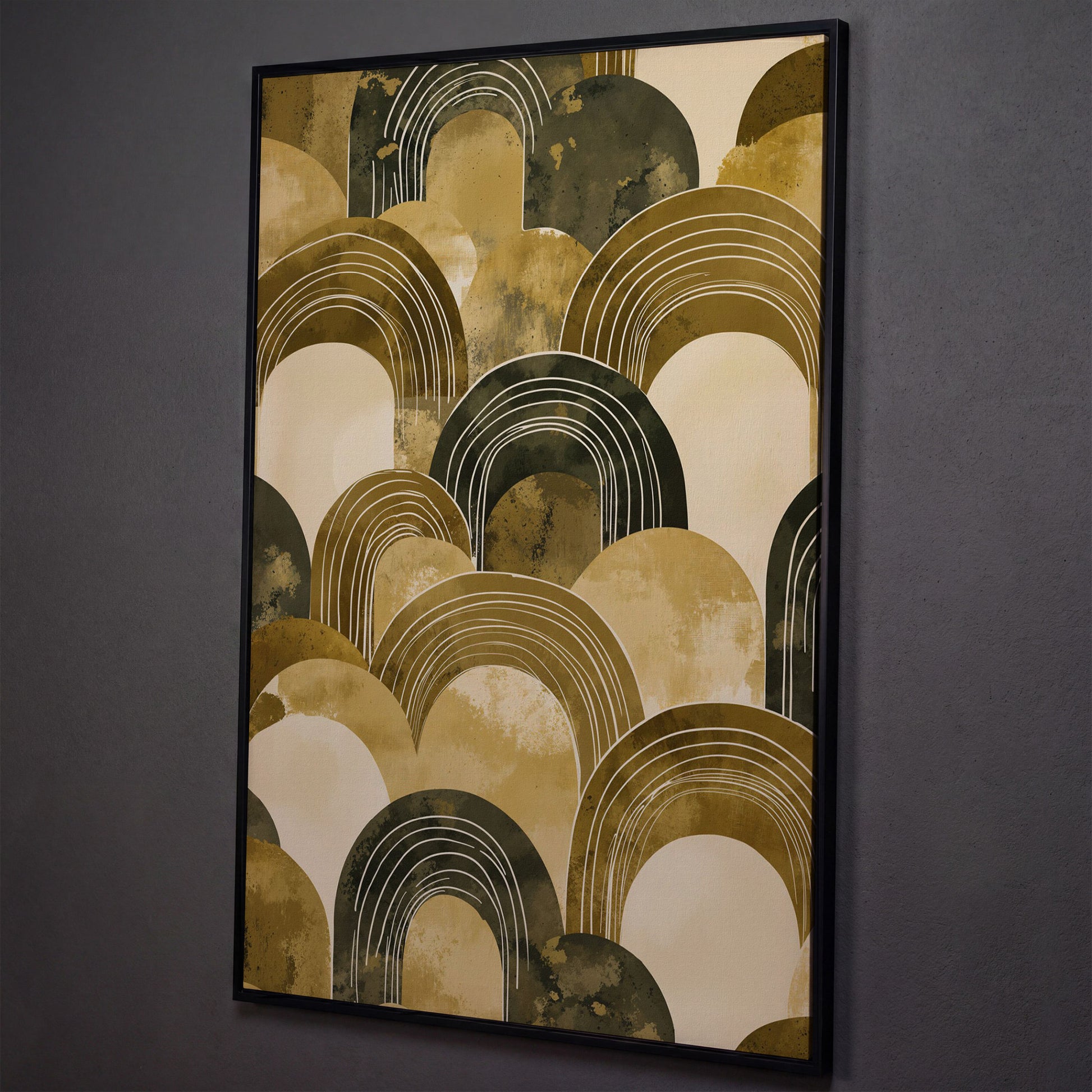 Abstract Arch Canvas Art, Overlapping Semi-Circle Shapes in Soft Layers shown in black floating frame