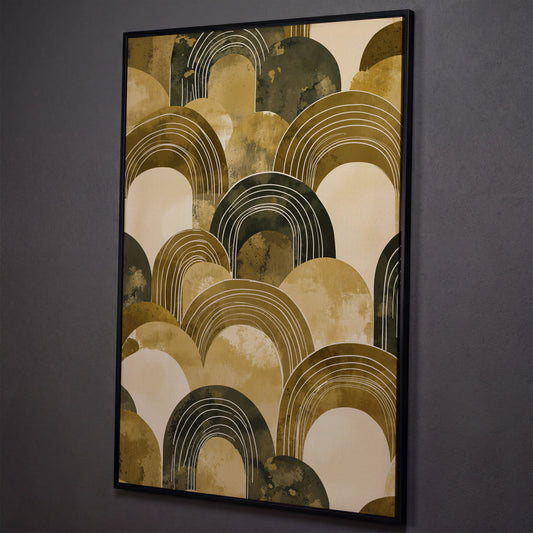 Abstract Arch Canvas Art, Overlapping Semi-Circle Shapes in Soft Layers shown in black floating frame