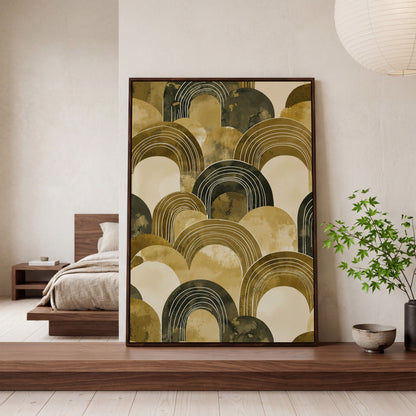Abstract Arch Canvas Art, Overlapping Semi-Circle Shapes in Soft Layers in dark walnut floating frame