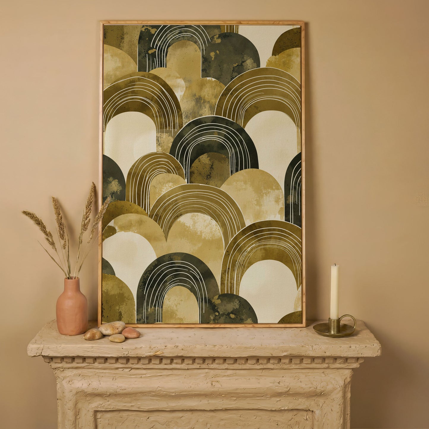 Abstract Arch Canvas Art, Overlapping Semi-Circle Shapes in Soft Layers in white oak floating frame