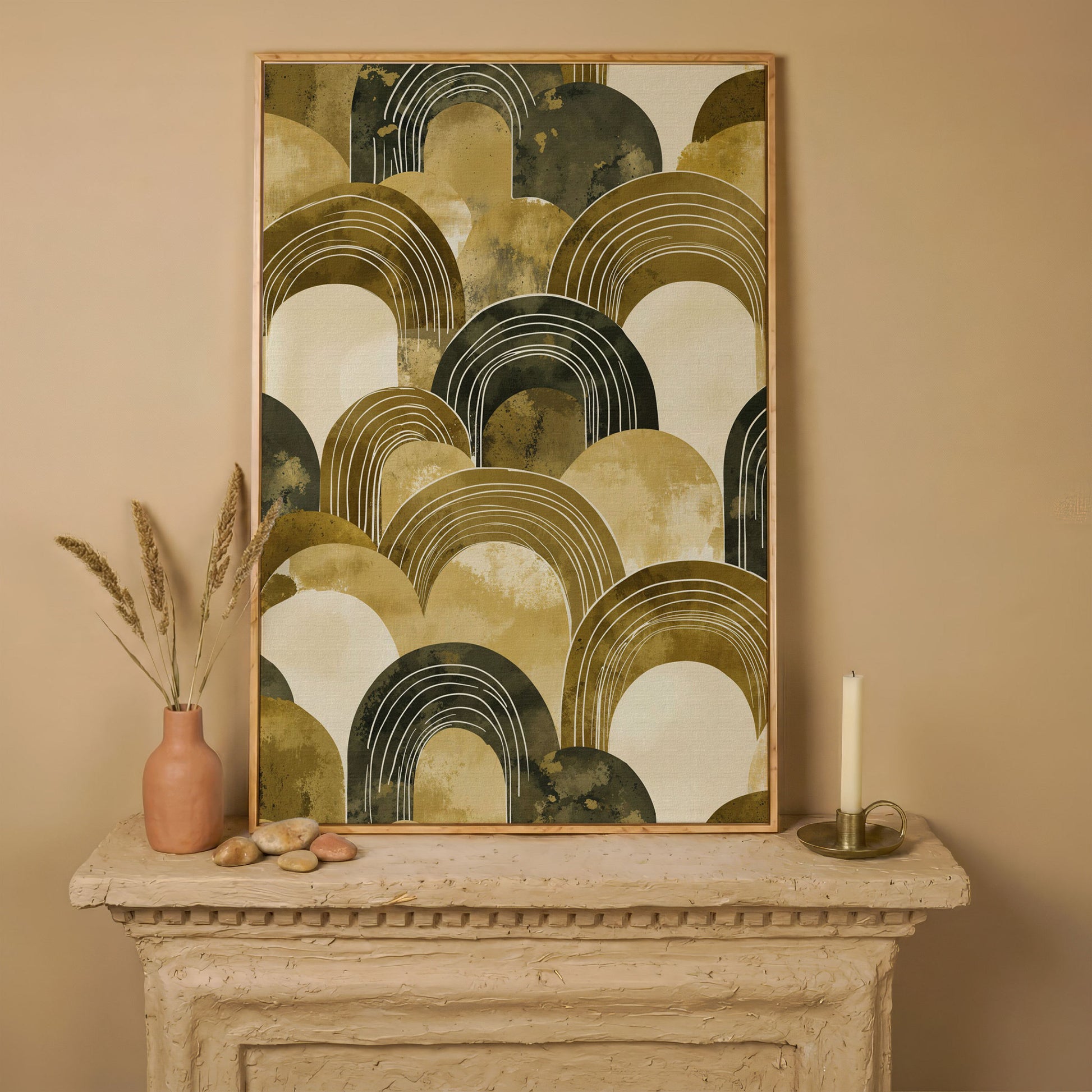 Abstract Arch Canvas Art, Overlapping Semi-Circle Shapes in Soft Layers in white oak floating frame