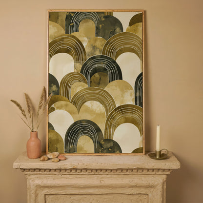 Abstract Arch Canvas Art, Overlapping Semi-Circle Shapes in Soft Layers in white oak floating frame
