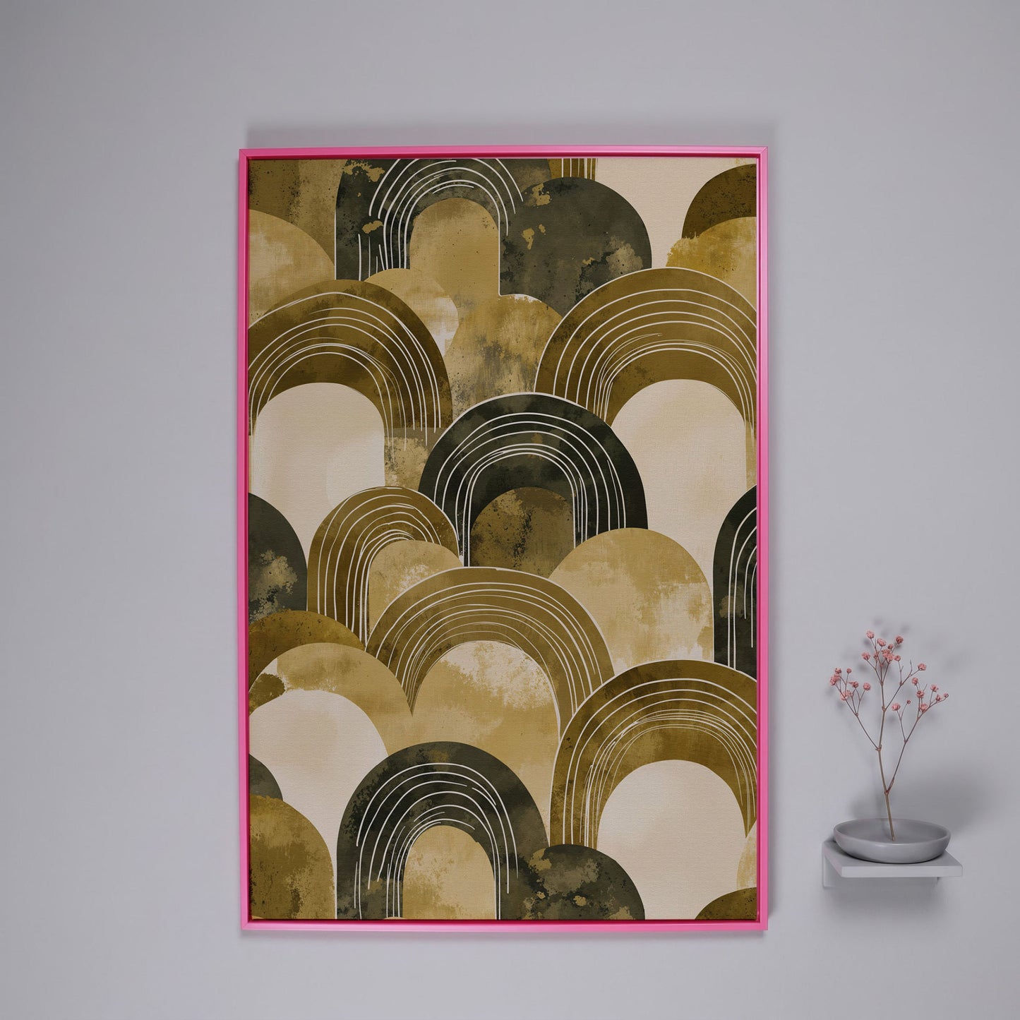 Abstract Arch Canvas Art, Overlapping Semi-Circle Shapes in Soft Layers in pink floating frame