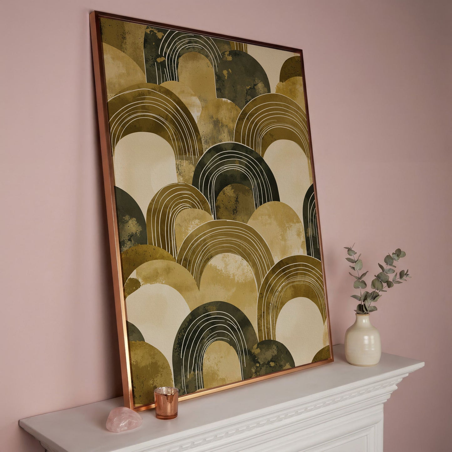 Abstract Arch Canvas Art, Overlapping Semi-Circle Shapes in Soft Layers in rose gold floating frame