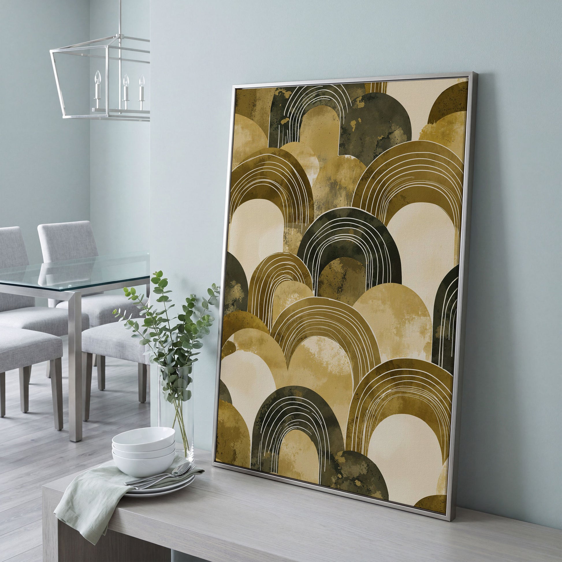 Abstract Arch Canvas Art, Overlapping Semi-Circle Shapes in Soft Layers in silver floating frame
