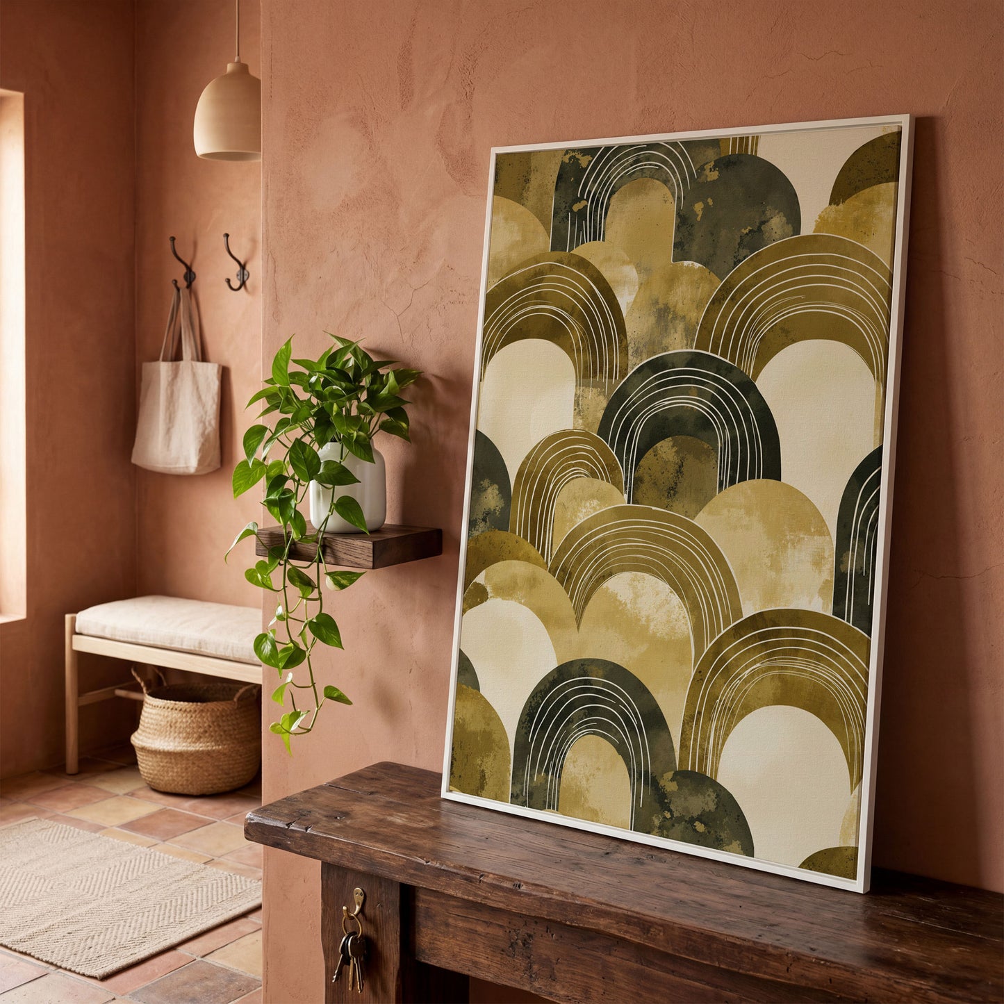 Abstract Arch Canvas Art, Overlapping Semi-Circle Shapes in Soft Layers in white floating frame