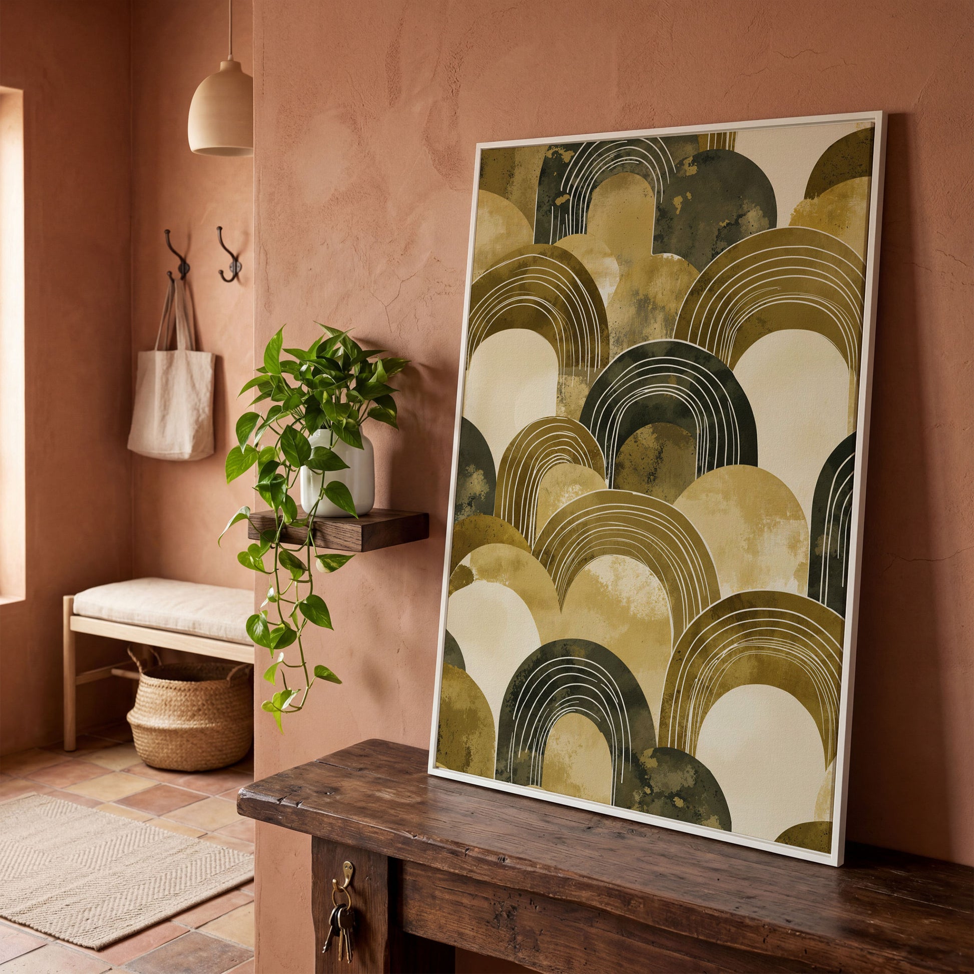 Abstract Arch Canvas Art, Overlapping Semi-Circle Shapes in Soft Layers in white floating frame