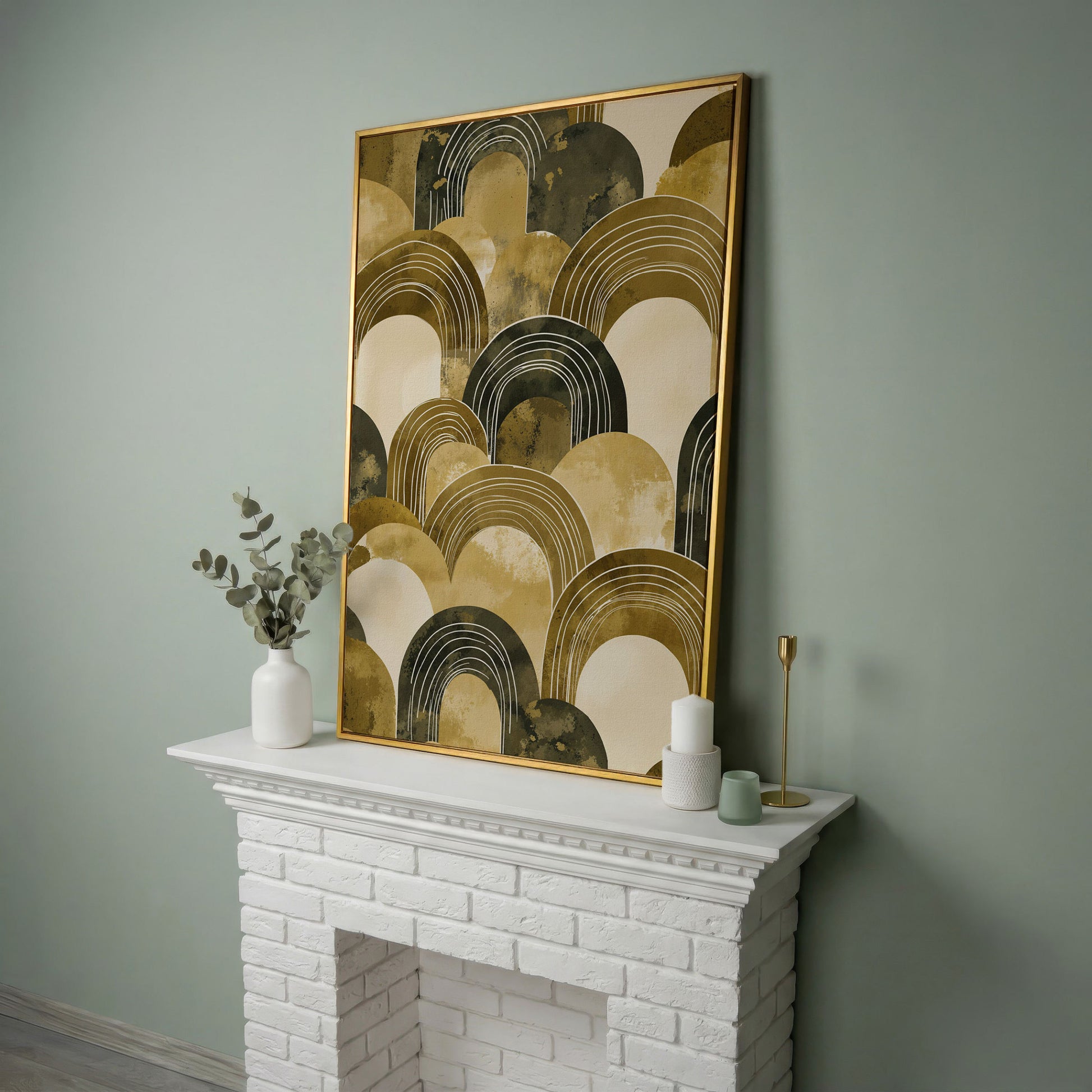 Abstract Arch Canvas Art, Overlapping Semi-Circle Shapes in Soft Layers in yellow gold floating frame
