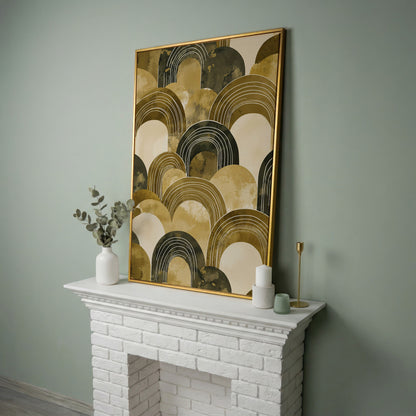 Abstract Arch Canvas Art, Overlapping Semi-Circle Shapes in Soft Layers in yellow gold floating frame
