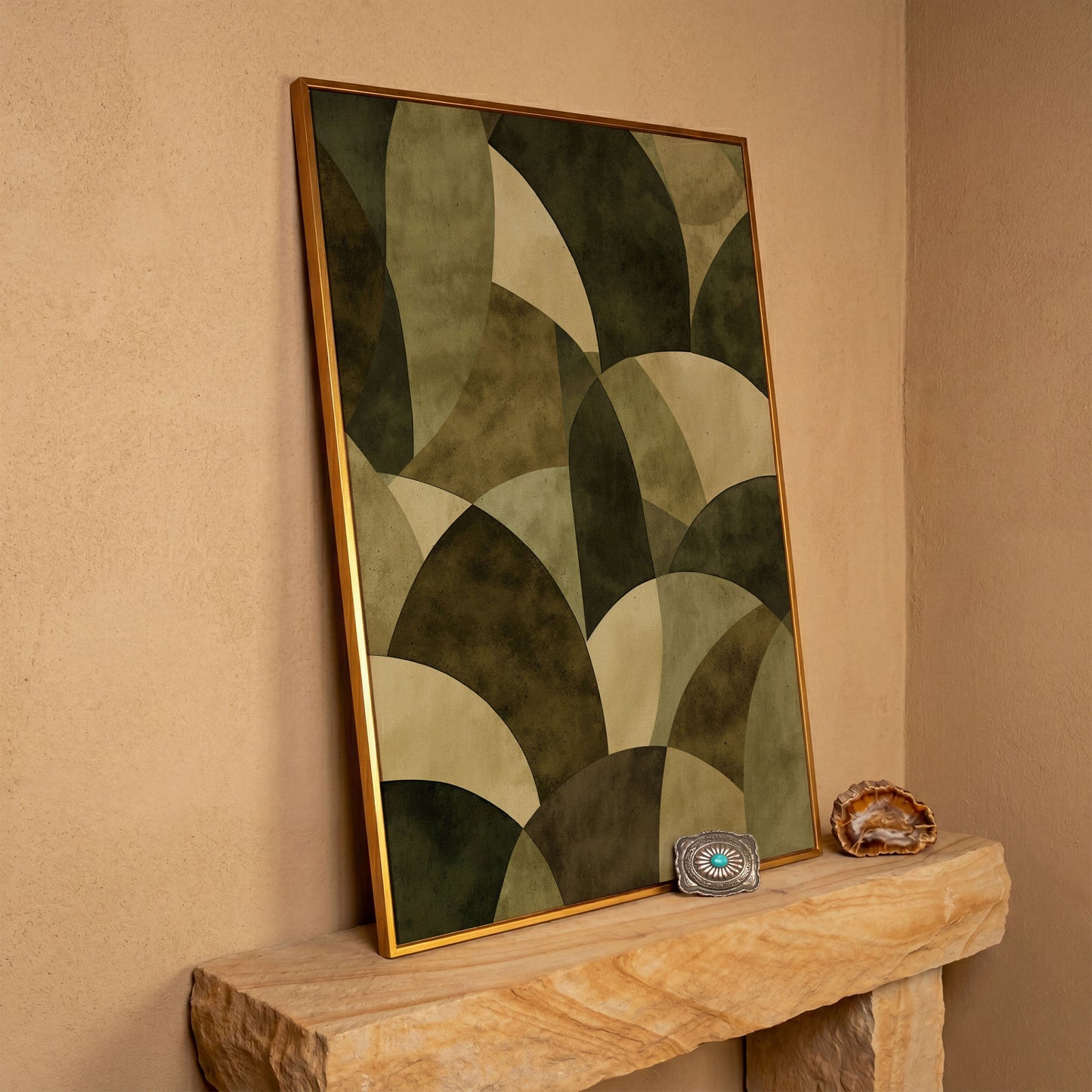 Abstract Circles Canvas Art, Overlapping Geometric Shapes in Portrait in antique gold floating frame