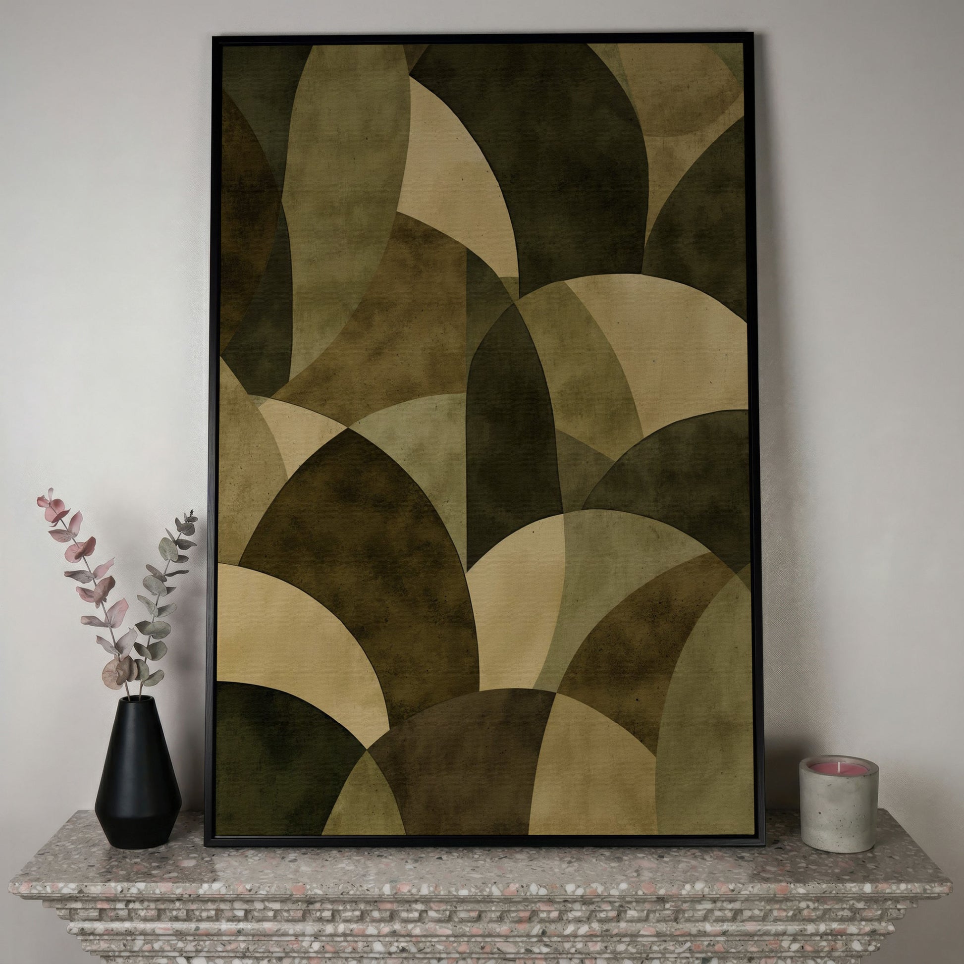 Abstract Circles Canvas Art, Overlapping Geometric Shapes in Portrait in black floating frame