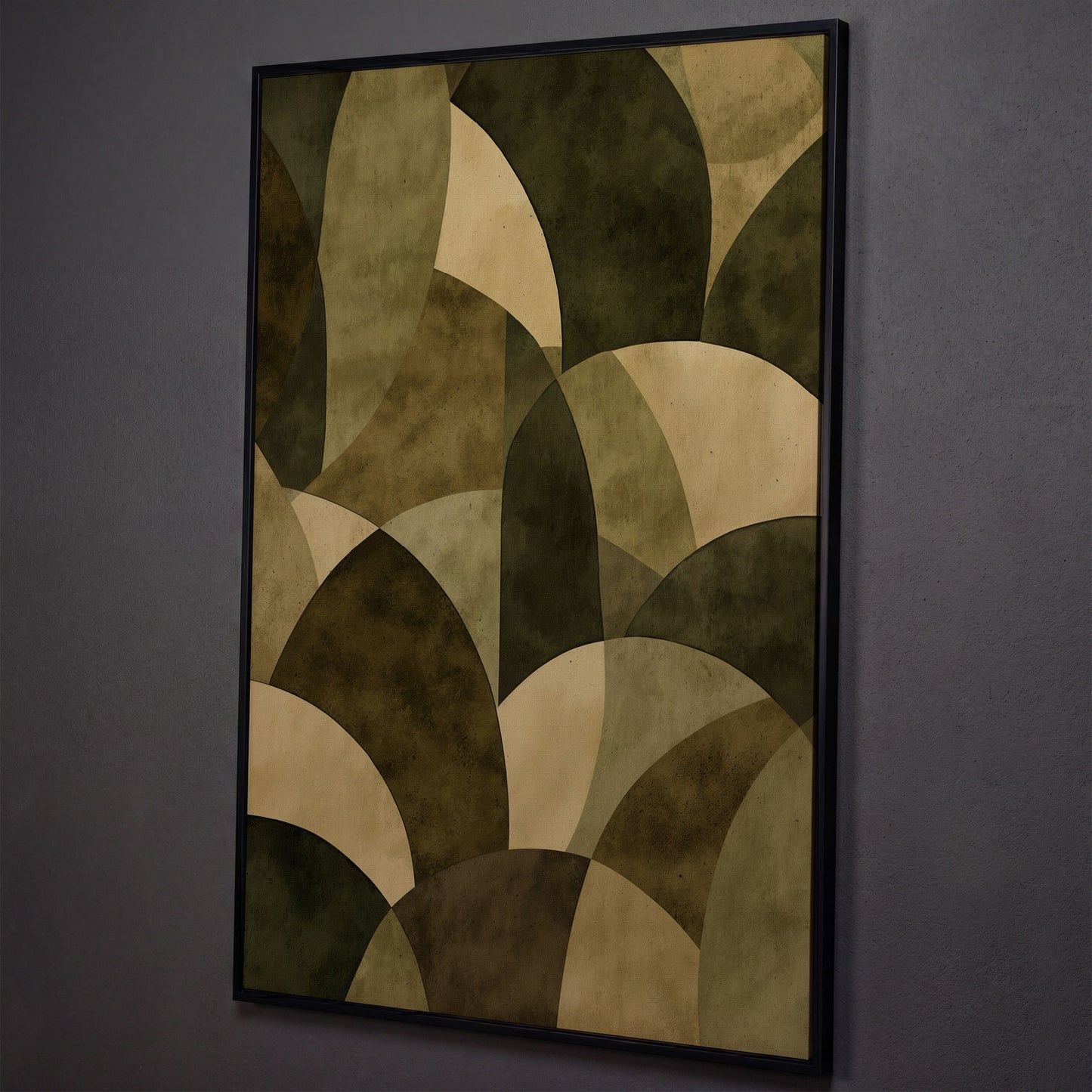 Abstract Circles Canvas Art, Overlapping Geometric Shapes in Portrait shown in black floating frame