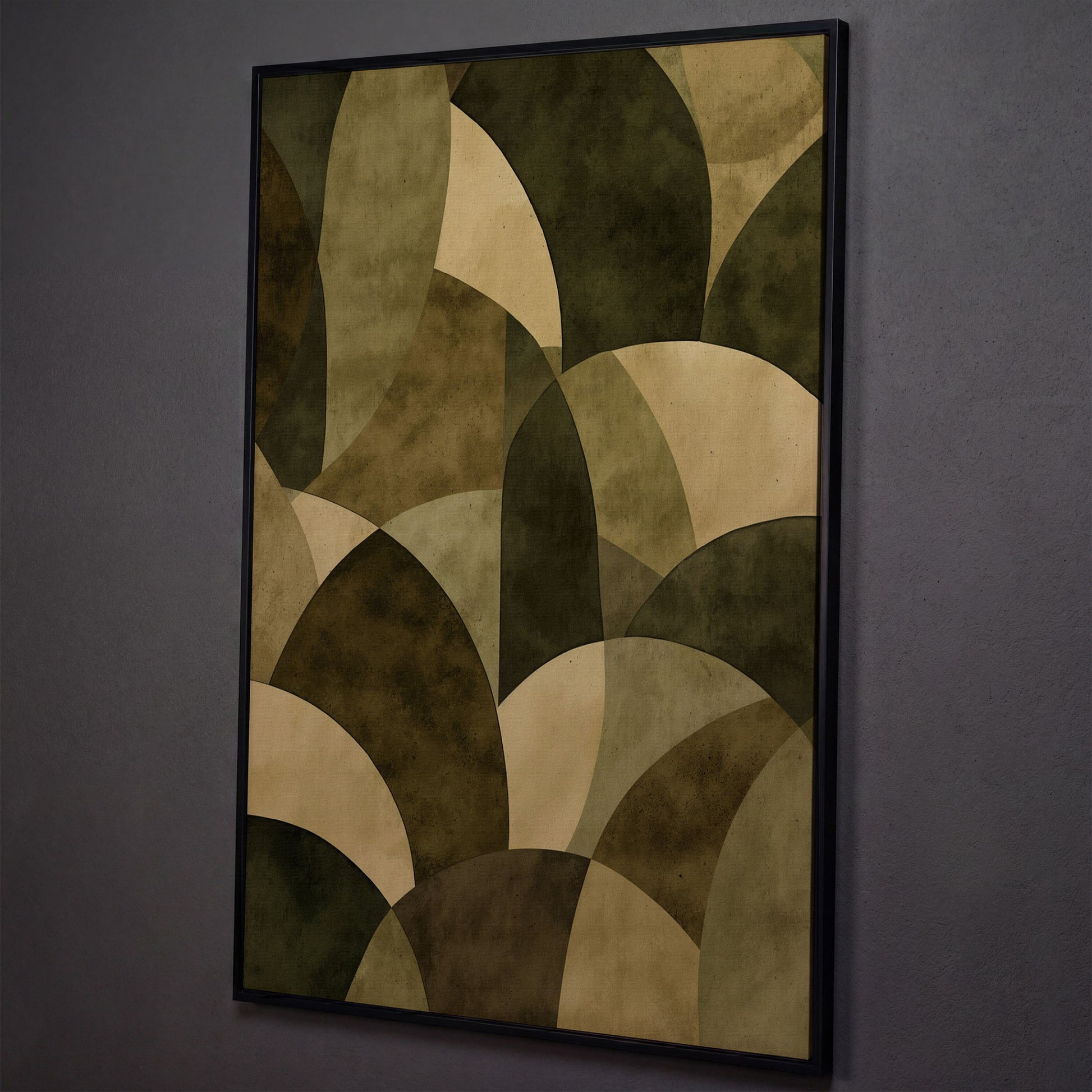 Abstract Circles Canvas Art, Overlapping Geometric Shapes in Portrait shown in black floating frame