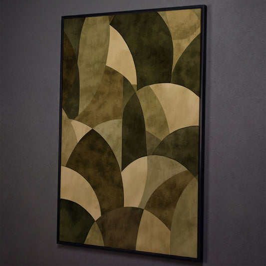 Abstract Circles Canvas Art, Overlapping Geometric Shapes in Portrait shown in black floating frame