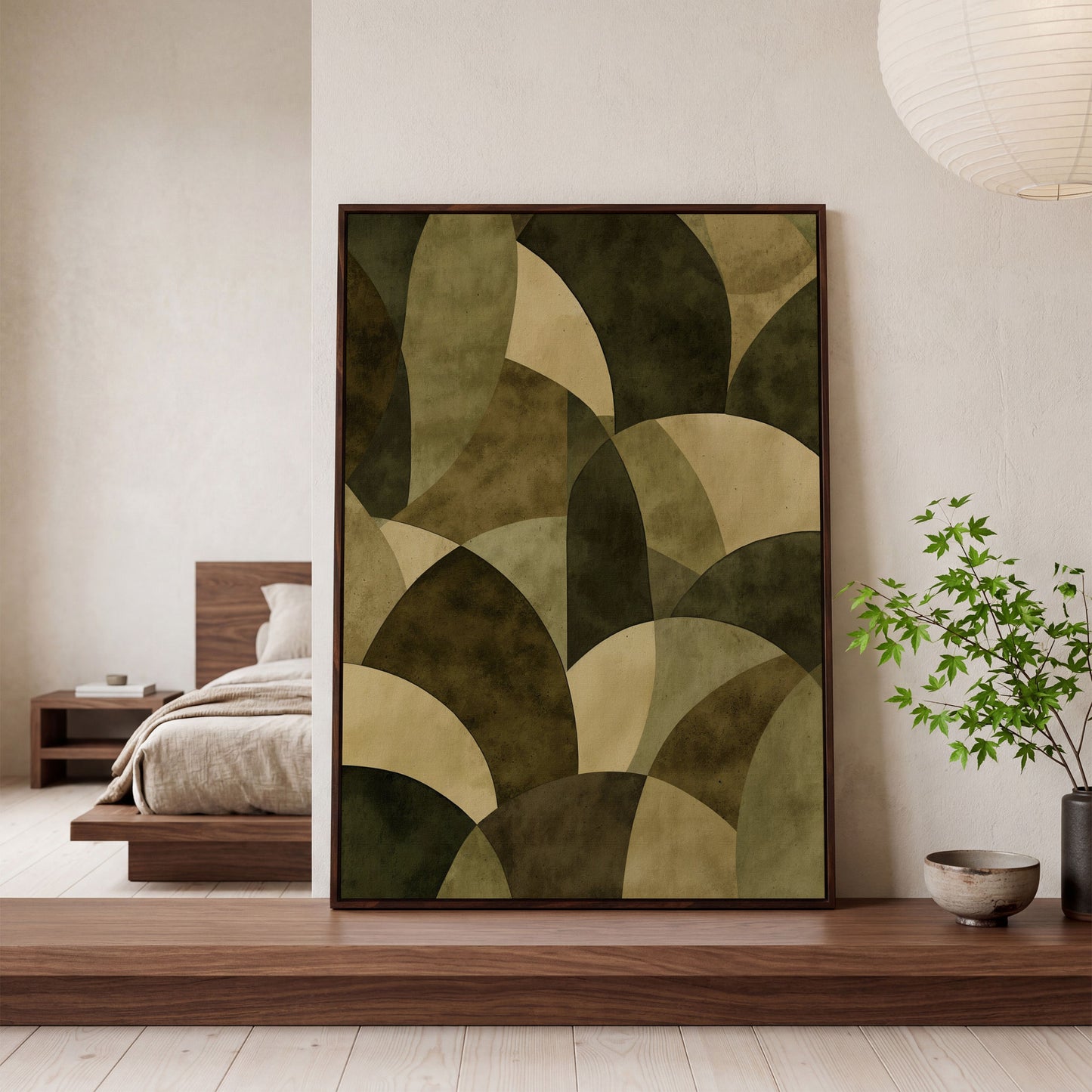 Abstract Circles Canvas Art, Overlapping Geometric Shapes in Portrait in dark walnut floating frame