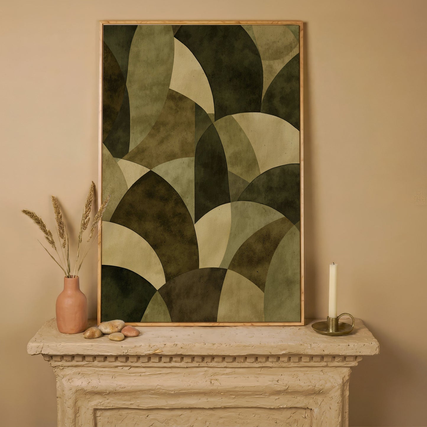 Abstract Circles Canvas Art, Overlapping Geometric Shapes in Portrait in white oak floating frame