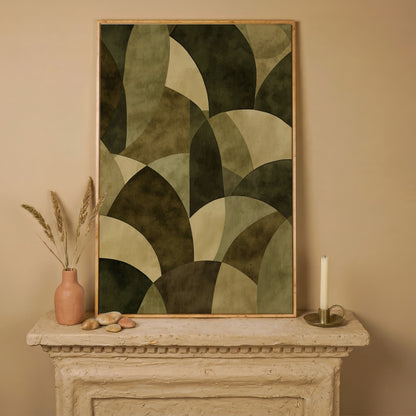 Abstract Circles Canvas Art, Overlapping Geometric Shapes in Portrait in white oak floating frame