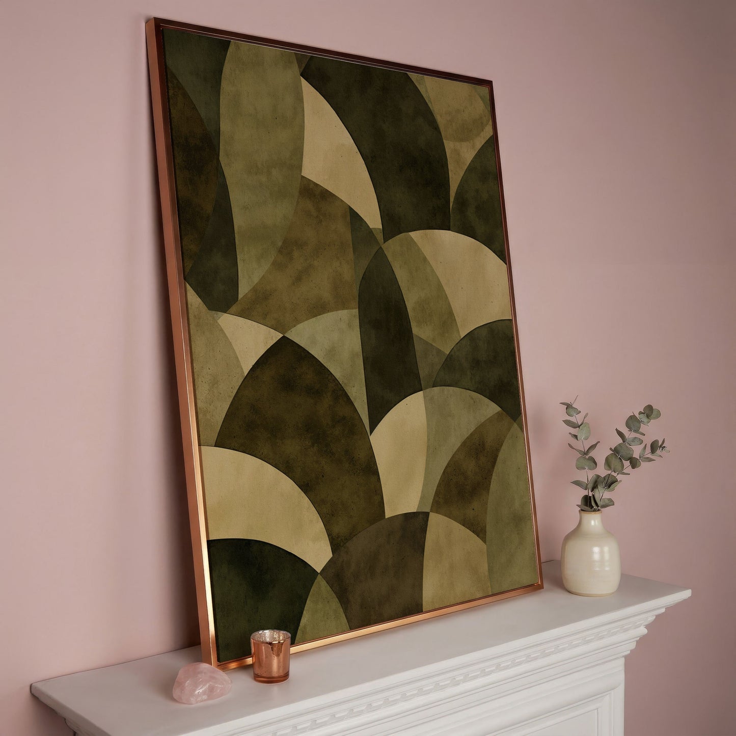 Abstract Circles Canvas Art, Overlapping Geometric Shapes in Portrait in rose gold floating frame